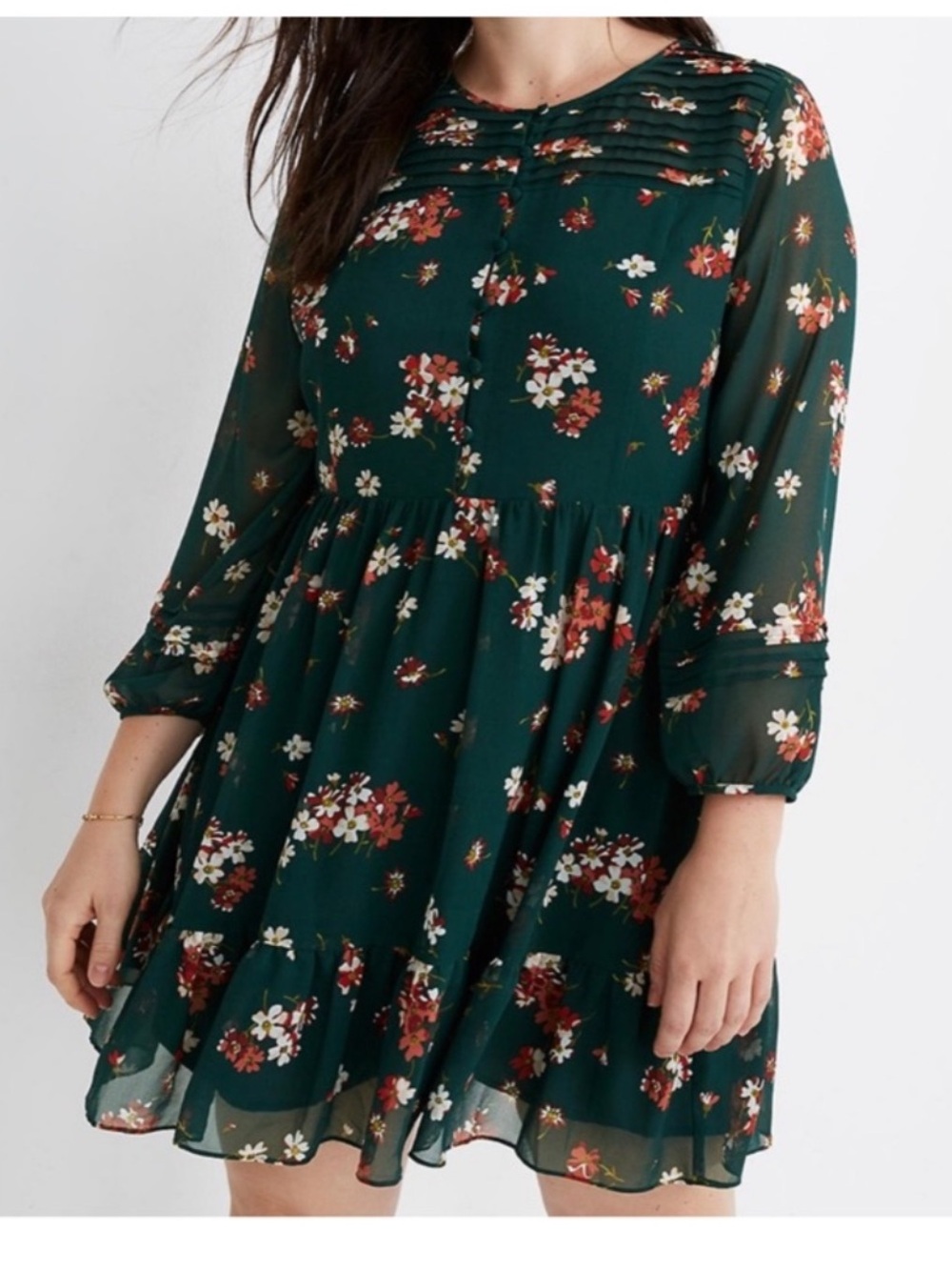 Madewell Green Floral Long-Sleeve Swing Dress